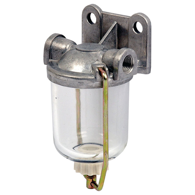 The Sparex Fuel Bowl Assembly (Sparex Part No. S.40573) is a metal and glass oil filter separator featuring a mounting bracket, a 1/2'' UNF thread, and a drain valve at the bottom.
