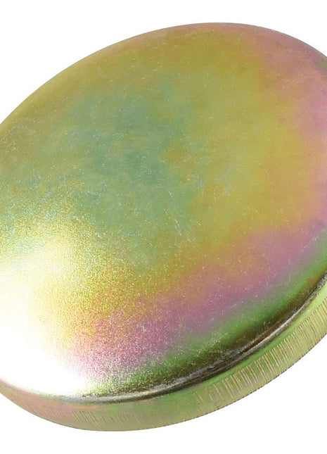 Close-up of a Fuel Cap - S.41520 by Sparex, featuring a metallic disc with a reflective, iridescent surface displaying shades of yellow, pink, and green.