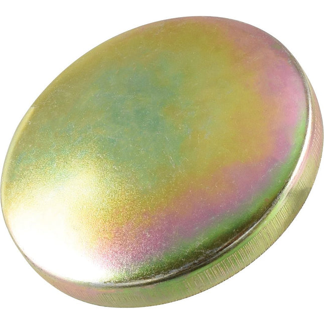 Close-up of a Fuel Cap - S.41520 by Sparex, featuring a metallic disc with a reflective, iridescent surface displaying shades of yellow, pink, and green.