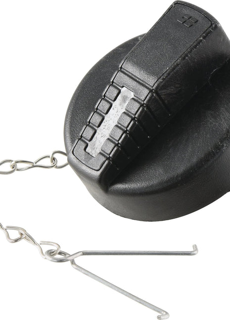 The Sparex Fuel Cap - S.43259 is a black, vented gas cap with a short chain attached, designed for securing to a vehicle.