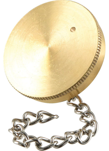 The Fuel Cap - S.58926 by Sparex is a round brass threaded cap, vented and attached to a short metal chain, featuring a hole on its surface.