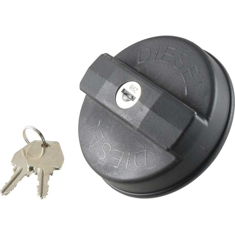 A Sparex Fuel Cap With Lock (S.65289) labeled "DIESEL," featuring a keyhole at the center, comes with two keys placed beside it.