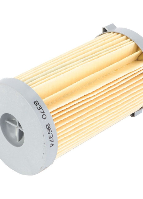 Massey Ferguson fuel element, model V837086374, by AGCO, featuring a cylindrical paper pleated filter with gray plastic caps at both ends. Suitable for various Fendt models.