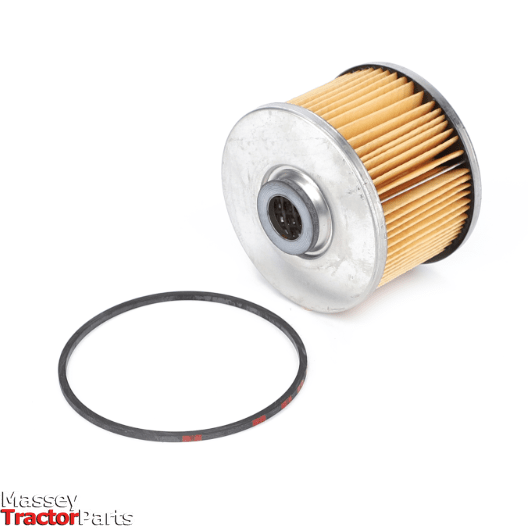 A cylindrical metal and paper filter element from AGCO, specifically the Massey Ferguson - Fuel Filter - 1884736M91, designed to fit models like the FE35, rests next to a rubber O-ring gasket on a white background.