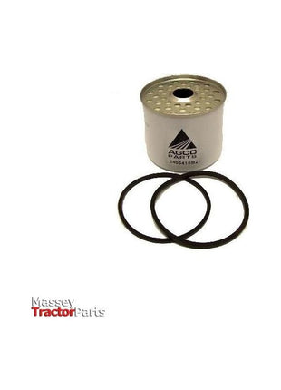 A cylindrical metal filter branded with AGCO and part number 3405418M2, specifically designed for Massey Ferguson Models, is placed next to two black rubber O-rings on a plain white background.