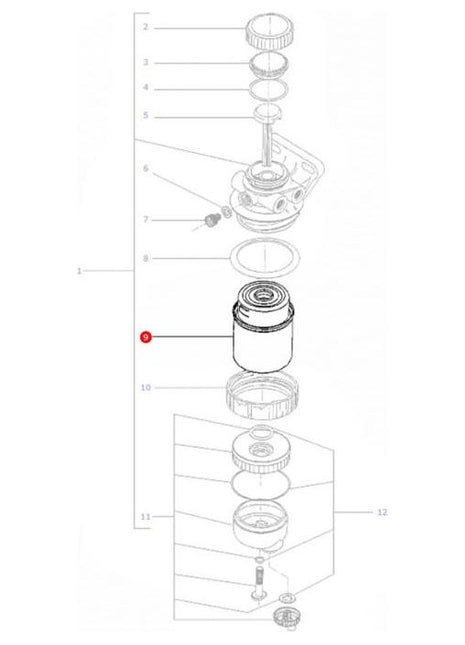 Exploded view of a mechanical component assembly for a Massey Ferguson tractor, displaying numbered parts, part labels, and connections. The diagram features part 10, identified as the AGCO brand 150 Micron Pre-Filter for the Massey Ferguson Fuel Filter - 3780299M1, highlighted in red.
