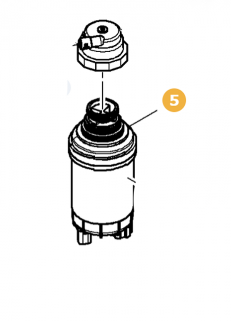 Illustration of a mechanical component, labeled as part number 5, showing an exploded view with the top piece detached from the main cylindrical body. The diagram highlights the location of the AGCO Massey Ferguson Fuel Filter (part number 3975262M1) for Massey Ferguson TH.6030 ST4.