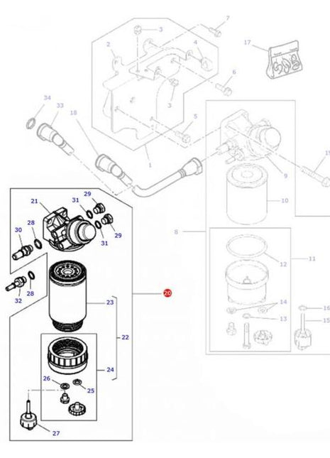 A technical diagram illustrating the components and assembly of a fuel filter system, labeled with part numbers for easy reference, compatible with Massey Ferguson 5400 Series tractors. This system features the *SPECIAL PRICE* JMCE DEALS Massey Ferguson Fuel Filter - 4226820M1.