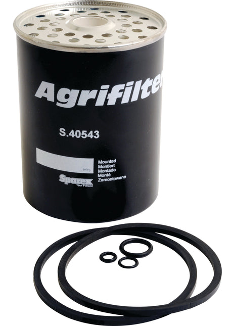 A cylindrical Sparex brand Fuel Filter - Element (Part No. S.40543) is shown along with three O-rings and two smaller seals, all placed on a white background.