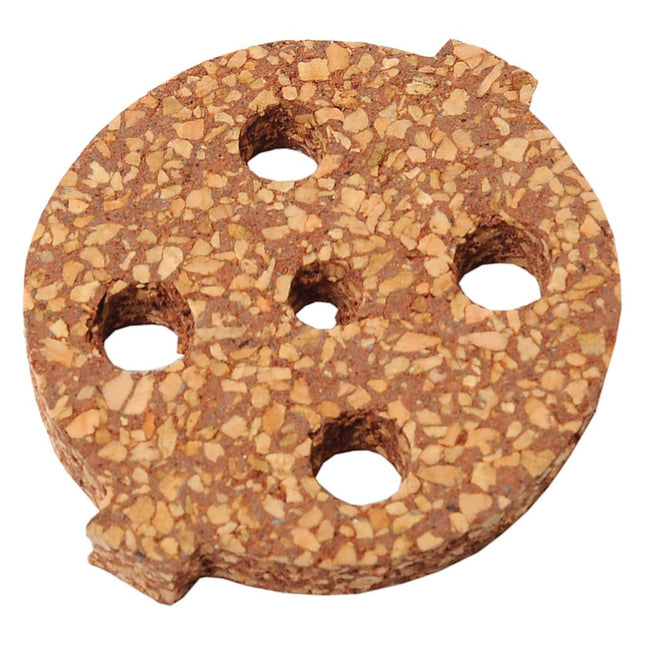 A round cork gasket with five holes of varying sizes, the Sparex Fuel Filter Gasket (Part No. S.43777) is designed for creating a seal in machinery or plumbing applications, particularly compatible with Massey Ferguson equipment.