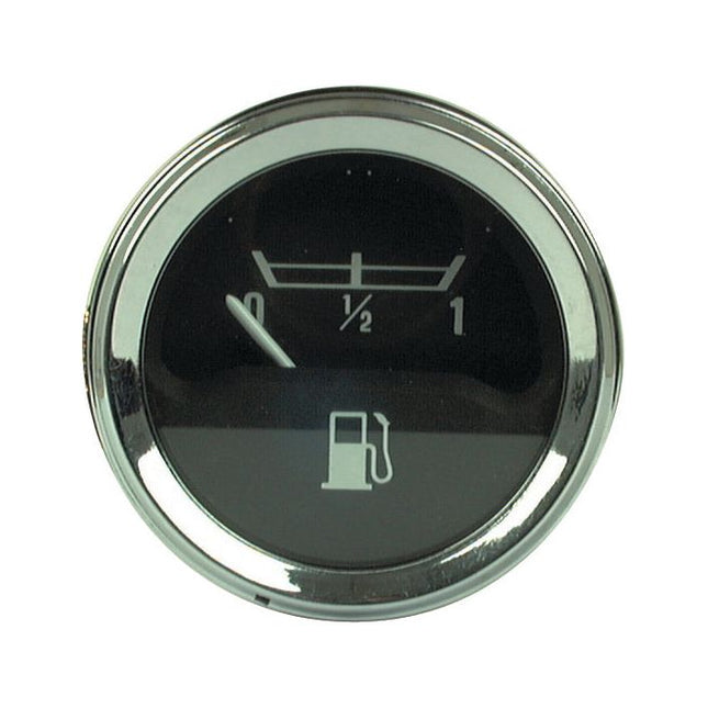 A Sparex Fuel Gauge - 12V (Sparex Part No.S.41406), designed for Massey Ferguson 135 tractors, features a circular display with chrome edges and a black background. The gauge's needle is pointing close to "E," indicating a nearly empty tank.