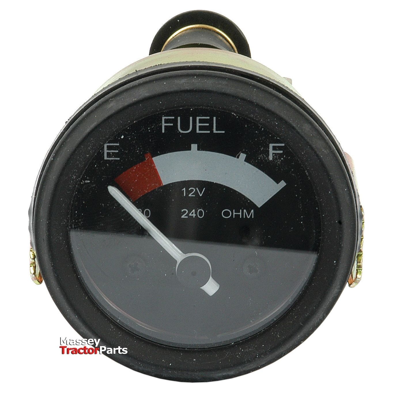 A round, black fuel gauge from Sparex showing a low fuel level, marked between "E" and "F," and labeled with "12V" and "240 OHM." The text "Massey Ferguson Tractor Parts" is visible at the bottom. This is the Fuel Gauge - 12V | Sparex Part No.S.61429.