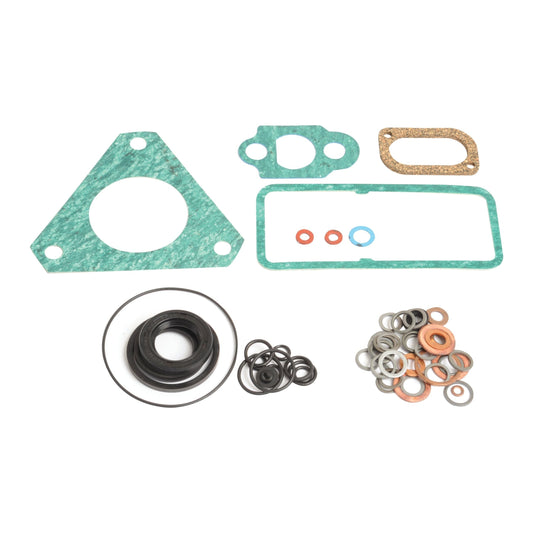 The Sparex Fuel Injection Pump Gasket (Part No. S.44021) is a comprehensive kit featuring green, orange, and brown gaskets in different shapes and sizes. The set also includes small metal washers, a rubber seal, and components that are compatible with Engine Model Case IH from the reputable brand Sparex.