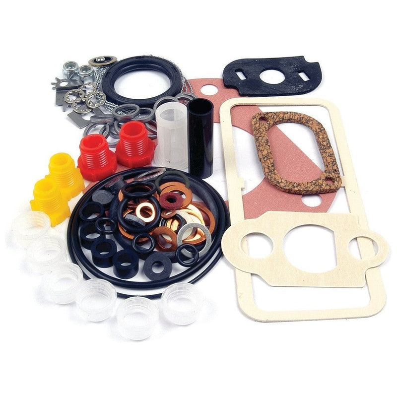A comprehensive Fuel Injection Pump Seal Kit by Sparex (Sparex Part No. S.57135), featuring an assortment of washers, gaskets, seals, spacers, and fittings designed specifically for maintenance and repairs on Massey Ferguson machinery.