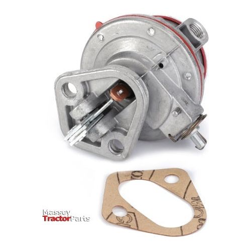 A close-up view of the AGCO Massey Ferguson Fuel Lift Pump (4222104M91) with a gasket placed next to it is displayed against a white background. The essential item for Massey Ferguson and Ford New Holland tractors has the text "Massey Tractor Parts" printed in the bottom left corner.