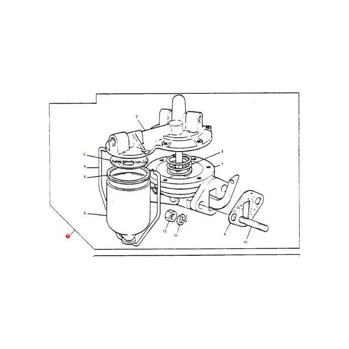 Diagram of a mechanical assembly with numbered parts including a cylindrical component, bolts, and brackets commonly found in the Massey Ferguson - Fuel Lift Pump - 4222452M91 by AGCO.