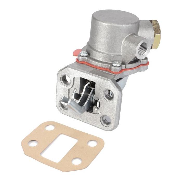 A silver metallic mechanical part with a square gasket next to it. The AGCO Massey Ferguson Fuel Lift Pump, model number 4224451M91, has multiple holes and appears to be a component for a larger machinery system.