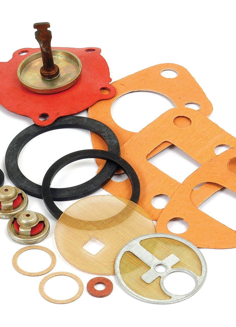 The Fuel Lift Pump Repair Kit (Sparex Part No.S.40567) from the brand Sparex is arranged on a white background, showcasing its various mechanical gaskets and seals of different shapes, sizes, and materials including rubber and metal components.