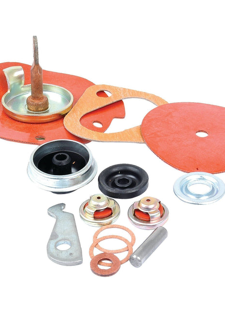 A collection of components, including gaskets, washers, a metal tool, and other mechanical parts arranged on a white background, suitable for Massey Ferguson and Allis Chalmers machinery is available as the **Sparex Fuel Lift Pump Repair Kit (Part No. S.40569)**.