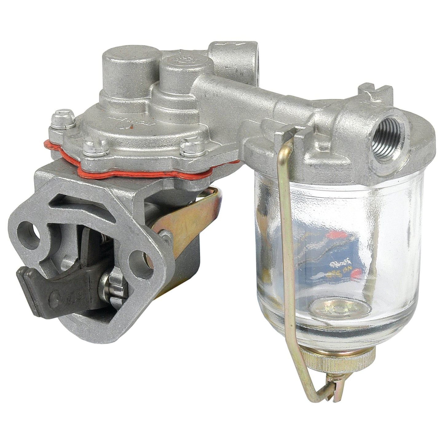 The Sparex Fuel Lift Pump (Part No. S.40558) is compatible with Massey Ferguson models and Perkins engines, featuring a glass sediment bowl, metal mounting bracket, and convenient inlet/outlet ports.