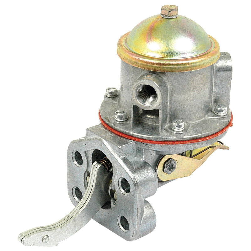 An image of the Sparex Fuel Lift Pump (Part No. S.40565) with a metal body, domed top, and multiple mounting holes on its base. This Fuel Lift Pump is compatible with Massey Ferguson tractors and features a lever for operation.