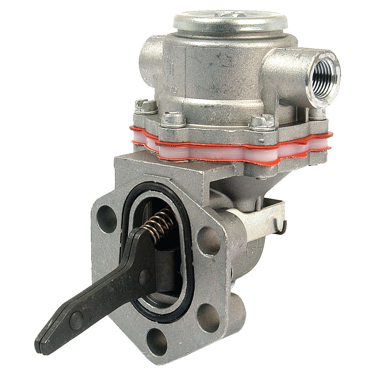 A Sparex Fuel Lift Pump (Part No.S.58756) designed for industrial use in Massey Ferguson equipment, featuring a metal cylindrical body with a spring mechanism, multiple mounting points, and visible joints fitted with red gaskets.