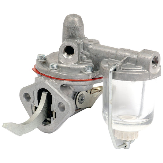 Close-up of a Sparex Fuel Lift Pump (Sparex Part No.S.75929) isolated on a white background, showing various components including a lever, diaphragm, and a transparent cylindrical chamber with a screw-on cap.