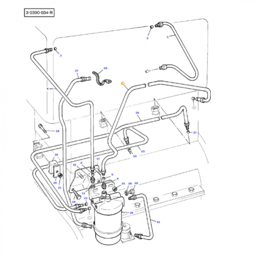 Detailed diagram of the Massey Ferguson hydraulic system with numbered components and connecting pipes, ideal for tractor models. The system includes a AGCO filter, valves, and assorted fittings. Product Name: Fuel Pipe - 3700372M92.