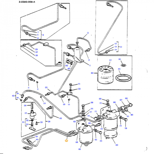 Diagram illustrating various components and connections of a hydraulic system, including pipes, fittings, and filtration units labeled with part numbers for reference. This detailed layout is tailored for Massey Ferguson tractor parts, specifically models 133-250. Featured in the diagram is the AGCO-branded Massey Ferguson Fuel Pipe (part number 888490M91).