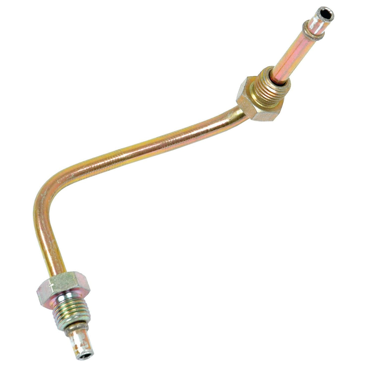 A metallic, curved automotive fuel line with threaded connectors on both ends, compatible with Massey Ferguson tractors and available as the Sparex Part No. S.41515 Fuel Pipe from Sparex.