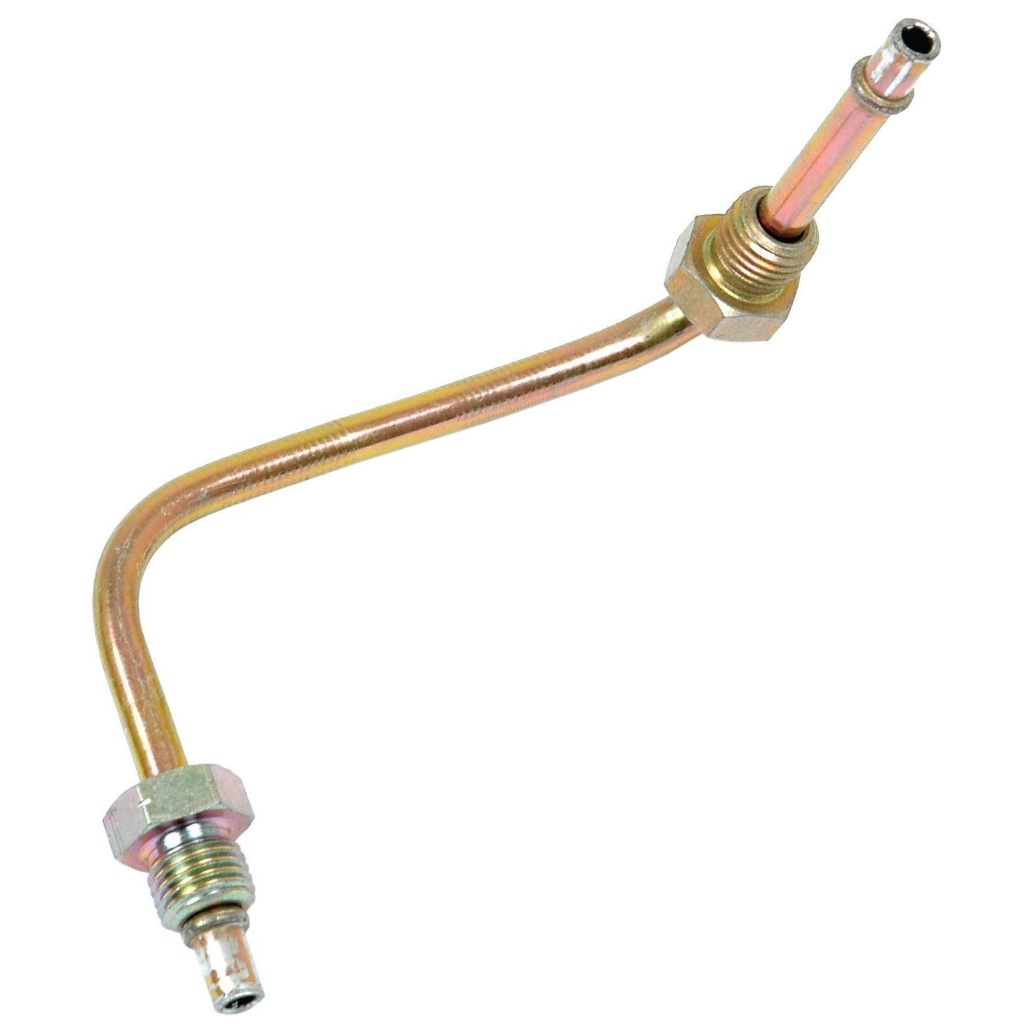 A metallic, curved automotive fuel line with threaded connectors on both ends, compatible with Massey Ferguson tractors and available as the Sparex Part No. S.41515 Fuel Pipe from Sparex.