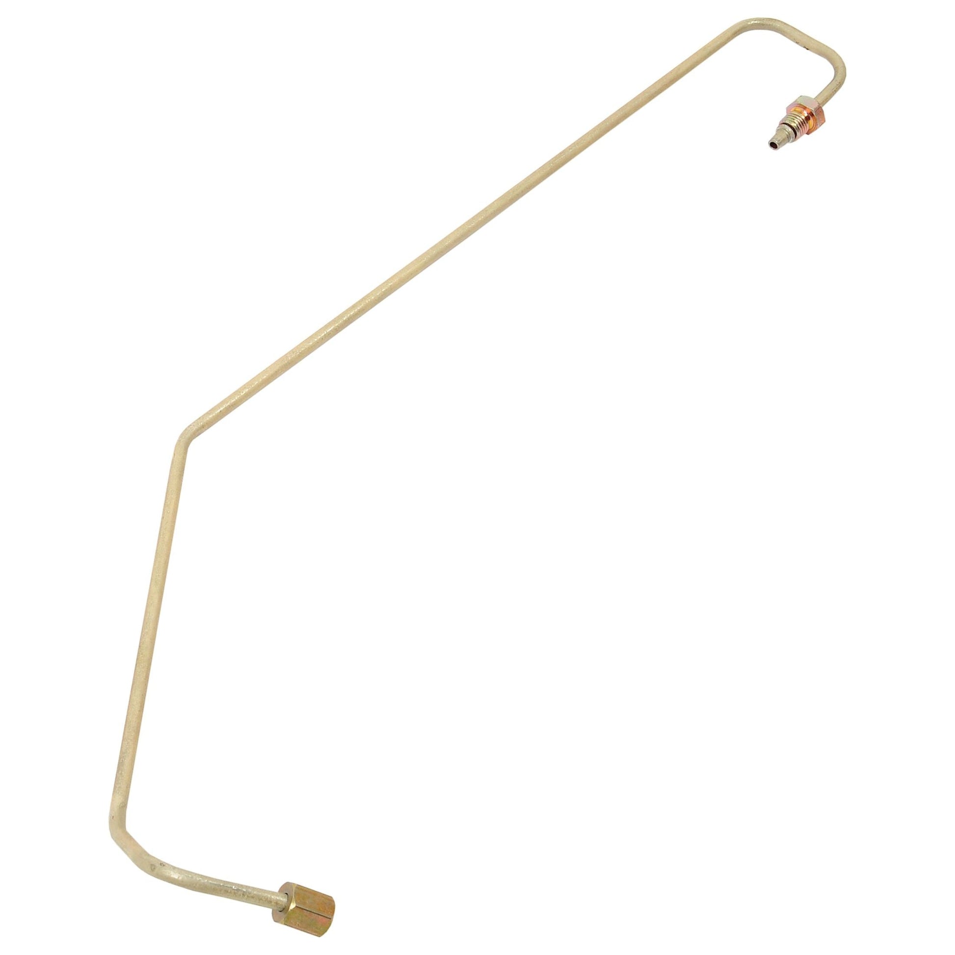 A metal fuel injection line tube with a bent shape and threaded fittings on both ends, compatible with Landini and Massey Ferguson models, available as Fuel Pipe Sparex Part No. S.43890 by Sparex.