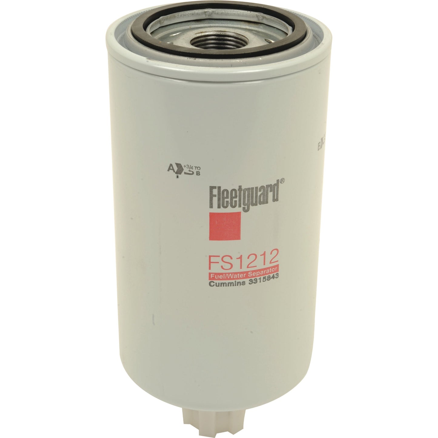 A Sparex Fuel Separator - Spin On - FS1212, also known as Sparex Part No. S.76440, for Cummins engines, featuring a white cylindrical shape with red and black text on the label, compatible with Case IH equipment.