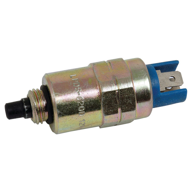 A cylindrical metal Fuel Shut Off Solenoid with a threaded end and a blue plastic connector on the other end, compatible with Sparex Part No. S.42699.