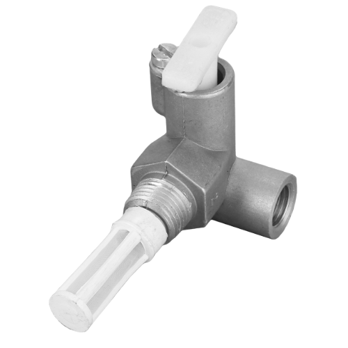 Introducing the AGCO Massey Ferguson Fuel Stop Valve (898580M91) – a durable metal pipe fitting with a white plastic valve handle and an integrated mesh filter, perfectly suited for the 100 Series tractor or various Massey Ferguson models.