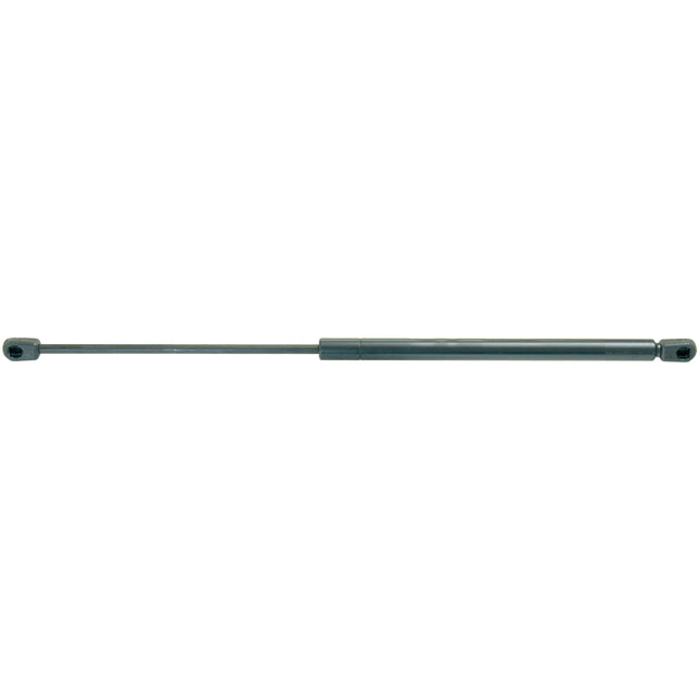 The Sparex Gas Strut, model S.19435, with a total length of 525mm, is a black hydraulic gas spring featuring connectors at both ends and a precise ram stroke. It is designed for lifting, lowering, or adjusting objects in machinery or furniture. Ideal for maintaining consistent pressure across various applications, this sturdy component ensures reliable performance.