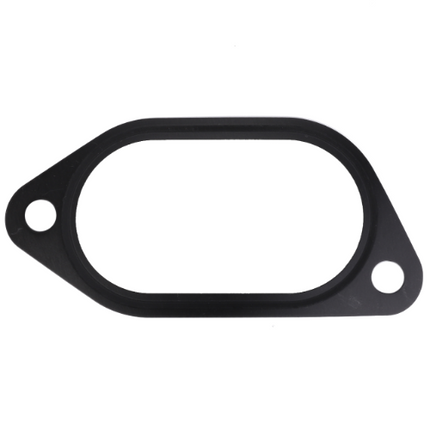 An oval-shaped black gasket, featuring two circular holes on opposite sides and perfectly suited for part fitment in the Massey Ferguson tractor series, available under the product name Massey Ferguson - Gasket - 4308296M1 by AGCO.