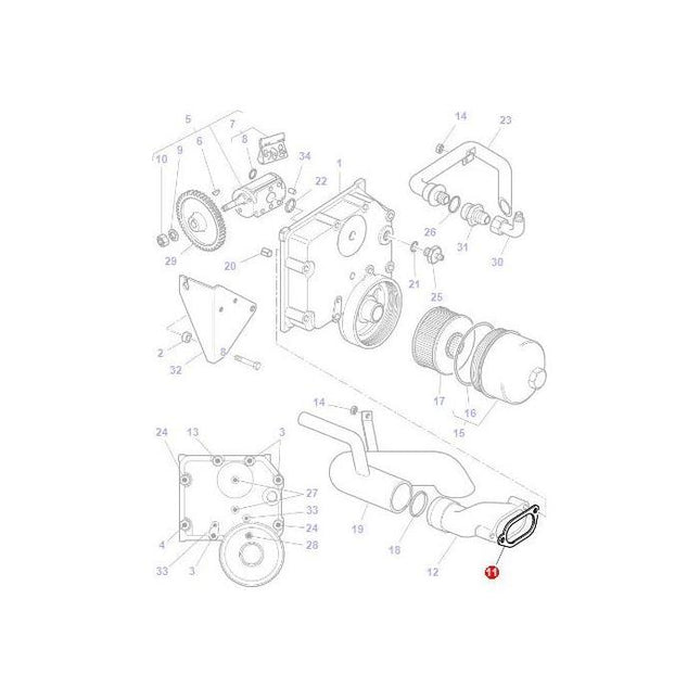 Exploded view diagram of the AGCO Massey Ferguson - Gasket - 4308296M1 component assembly, illustrating various parts including gears, housing, and screws, with emphasis on a specific part marked with a red circle and labeled as number 1. Perfect for maintaining Massey Ferguson tractor parts.