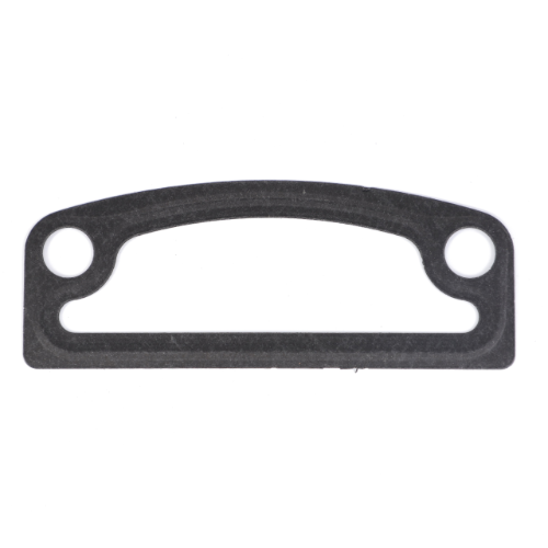 The Massey Ferguson - Gasket Cover - V836867753 by AGCO is a flat, curved piece of black metal or plastic featuring two circular holes on each end and an elongated central cutout, and it is commonly used in the 3600 Series of Massey Ferguson tractors.