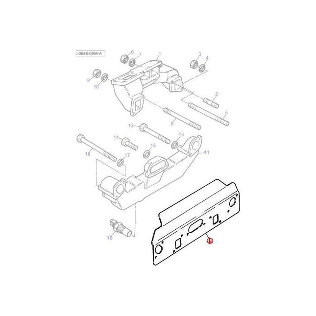 Exploded view of the Massey Ferguson - Gasket Exhaust/Inlet (Product Code: 3637343M1) by AGCO mechanical assembly with labeled components, showing bolts, brackets, and a metal frame piece.