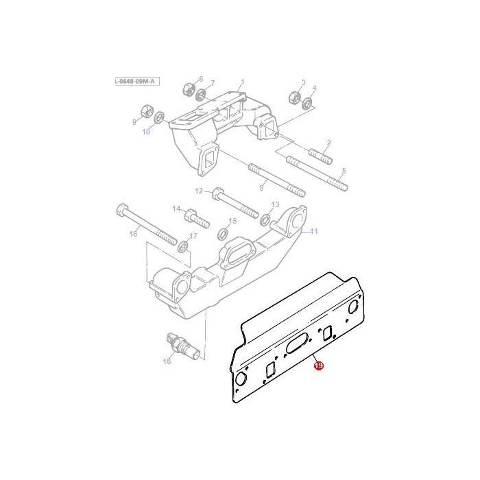 Exploded view of the Massey Ferguson - Gasket Exhaust/Inlet (Product Code: 3637343M1) by AGCO mechanical assembly with labeled components, showing bolts, brackets, and a metal frame piece.