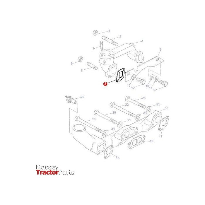 Diagram of a tractor part assembly with various components numbered. The product "Massey Ferguson - Gasket Exhaust Manifold - 3640556M1" is showcased at the bottom left corner in red and black text under the brand name "AGCO," highlighting essential tractor parts for Massey Ferguson models.