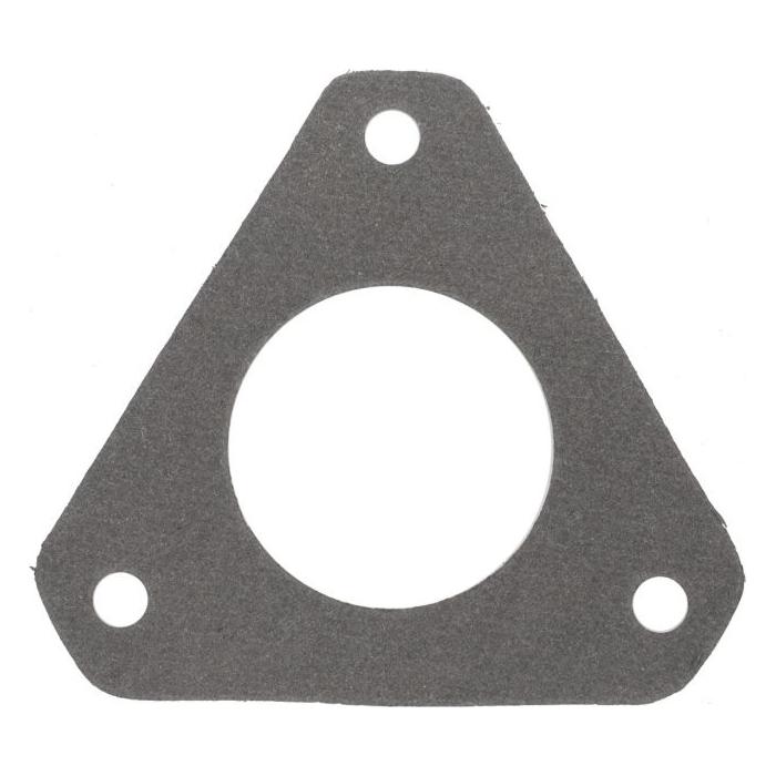 The AGCO Massey Ferguson - Gasket Injector Pump (6200200M1) is a gray, triangular gasket from the 100 Series, featuring three round bolt holes and a central circular opening, ideal for use in Massey Ferguson tractor parts.