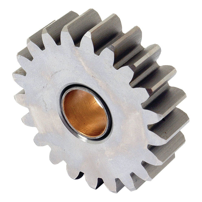 An idler gear designed for use in a Perkins Engine, featuring evenly spaced teeth and a central hole containing a brown bearing, is available as the "Gear - Oil Pump, Idler Gear" under Sparex Part No. S.42125 by the brand Sparex.