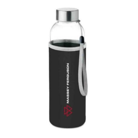 The Massey Ferguson - Glass Bottle - 500ml (X993422210000) by AGCO is a clear 500 ml glass water bottle with a silver cap, encased in a black neoprene cover that features a built-in handle strap.