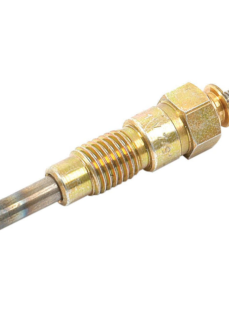 A close-up of the Sparex Glow Plug - S.70576, highlighting its precise thread size at the base and cylindrical tip. Perfectly engineered for diesel engines, this component ensures optimal performance. The probe length and overall length are meticulously designed to meet industry standards.
