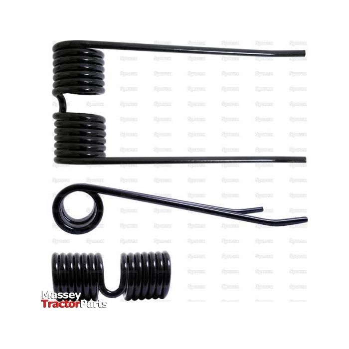 Black metal spring components on a white background with a repetitive "Massey Tractor Parts" logo in the background. The springs, identified as Pick-Up Tine by Sparex (Part No. S.22953), have an outer diameter of 38mm and a length of 197mm, and are commonly used in Hesston, Massey Ferguson, and New Holland models as replacement parts for item number 700706128.
