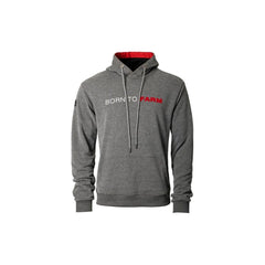 Introducing the AGCO Massey Ferguson Grey Unisex Hoodie, model X993322218, featuring a front pocket and drawstrings. Boldly printed with "BORN TO FARM" in white and red across the chest.