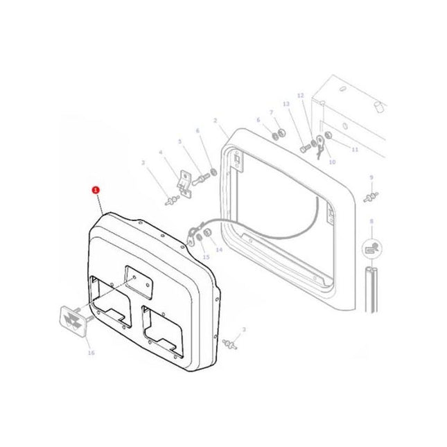 Diagram of a disassembled rectangular device with numbered components, showing internal connections and separate parts, reminiscent of the detailed schematics found in Massey Ferguson - Grille - 3810158M91 manuals by AGCO.