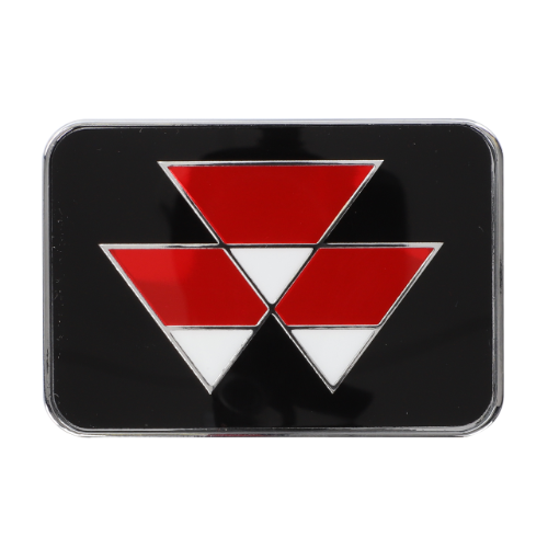 Introducing the Massey Ferguson - Grille Badge (4347462M91) by AGCO, featuring three triangular red shapes and one triangular white shape, reminiscent of the iconic design elements found on Massey Ferguson's high visibility tractors, set against a black background.